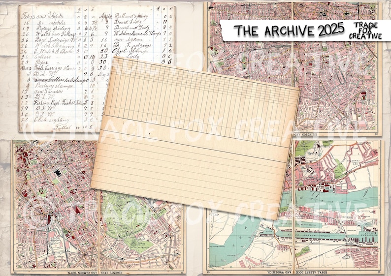May include: A collage of vintage ephemera, including ledger paper, handwritten notes, and antique maps. The maps depict urban areas with detailed street layouts and green spaces. The text "THE ARCHIVE 2025" is visible.