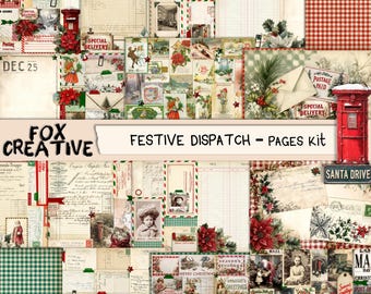 May include: A collage of vintage Christmas-themed ephemera. The design includes postcards, ledger paper, and postage stamps, with red and green accents. The text "FESTIVE DISPATCH - PAGES kit" is visible, along with "DEC 25" and "SANTA DRIVE".
