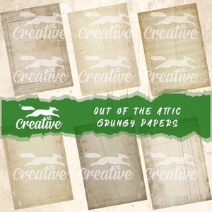 May include: Nine vintage paper textures in various shades of beige and cream with a fox logo and the text "OUT OF THE ATTIC GRUNGY PAPERS".