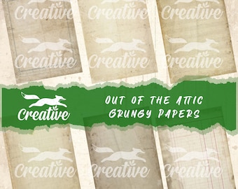 Può includere: Nove texture di carta vintage in varie tonalità di beige e crema con un logo di volpe e il testo "OUT OF THE ATTIC GRUNGY PAPERS".