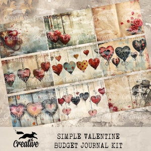 Könnte beinhalten: Ein digitales Collage-Kit mit Valentinstag-Thema. Das Kit enthält Bilder von Herzen im Vintage-Stil, Ketten und anderen romantischen Elementen. Der Text "SIMPLE VALENTINE BUDGET JOURNAL KIT" befindet sich am unteren Rand der Collage.