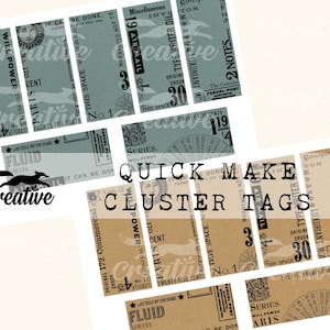May include: A collection of vintage-style paper tags in brown and blue colours. The tags feature text such as "Will Power", "Fluid", "Series", "Original Check", "Correspondence", "2 Notes", and "Parcel Post".