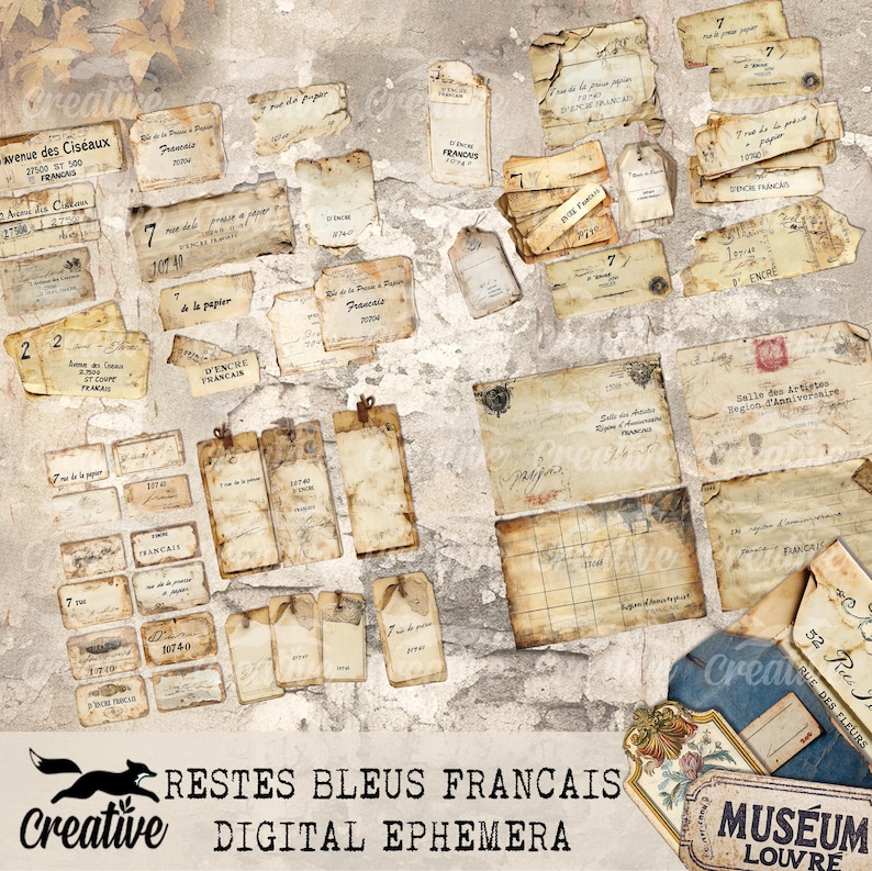 May include: A digital paper pack with vintage French-themed ephemera, including tags, labels, and envelopes. The pack features a distressed, aged look with faded colors and text in French. The text includes "Restes Bleus Francais" and "Museum Louvre".