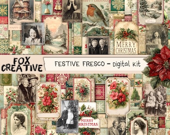 May include: A collage of vintage Christmas-themed images, including portraits, landscapes, and floral arrangements. The color palette features red, green, and cream tones. Text includes "Happy Christmas" and "Merry Christmas". The words "Fox Creative" and "Festive Fresco - digital kit" are also visible.