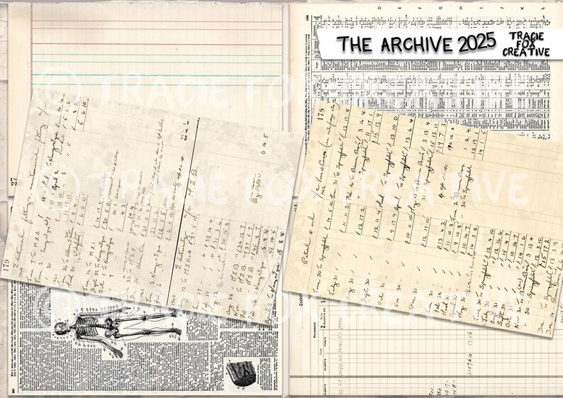 May include: A collage of vintage ephemera, including handwritten ledger pages, lined paper, and a newspaper clipping with a skeleton illustration. The text "THE ARCHIVE 2025" is displayed on a white banner. The overall aesthetic is aged and historical.