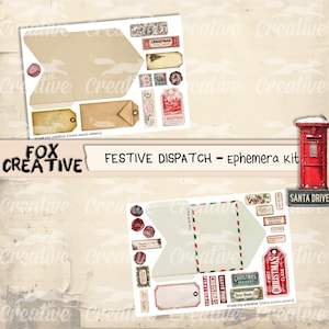 May include: A festive ephemera kit with Christmas-themed tags, labels, and envelopes. The kit includes various designs with text like "Christmas," "Santa Post," and "First Class." The Fox Creative logo is also visible.