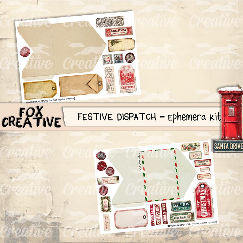May include: A festive ephemera kit with Christmas-themed tags, labels, and envelopes. The kit includes various designs with text like "Christmas," "Santa Post," and "First Class." The Fox Creative logo is also visible.