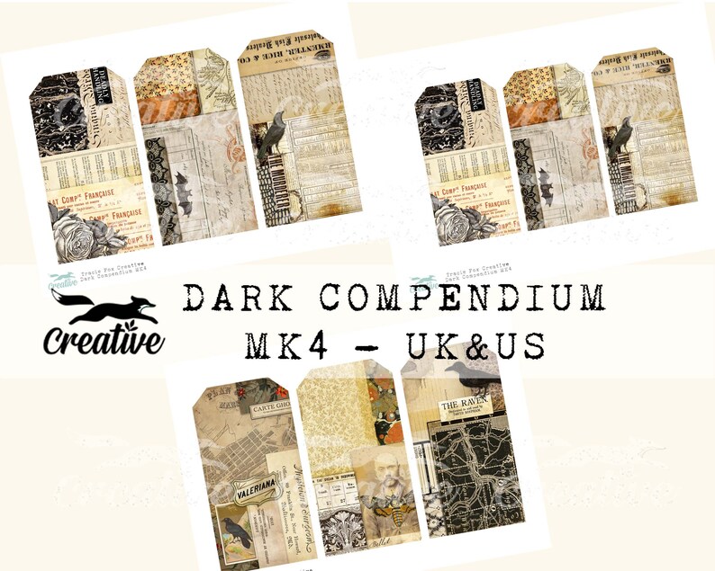May include: Six printable digital tags with a vintage, gothic, and steampunk aesthetic. The tags feature black crows, maps, and text including "Carte Camo", "Valeriana", and "The Raven".