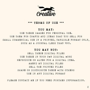 May include: A black and white image with a fox logo and the text "Creative" at the top. The text "*** TERMS OF USE ***" is centered below the logo. The text "YOU MAY:" is followed by a list of permitted uses for the images. The text "YOU MAY NOT:" is followed by a list of prohibited uses for the images. The text "PLEASE CONTACT ME IF YOU NEED FURTHER INFORMATION." is centered at the bottom of the image. The text "C 2022" is in the bottom right corner of the image.