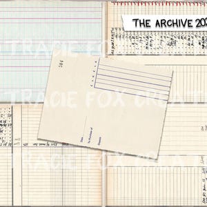 May include: A collage of vintage ledger pages and a cream-colored card. The ledger pages have horizontal and vertical lines, with some containing handwritten entries. The card has blue lines and text. The text "THE ARCHIVE 2025" is visible.