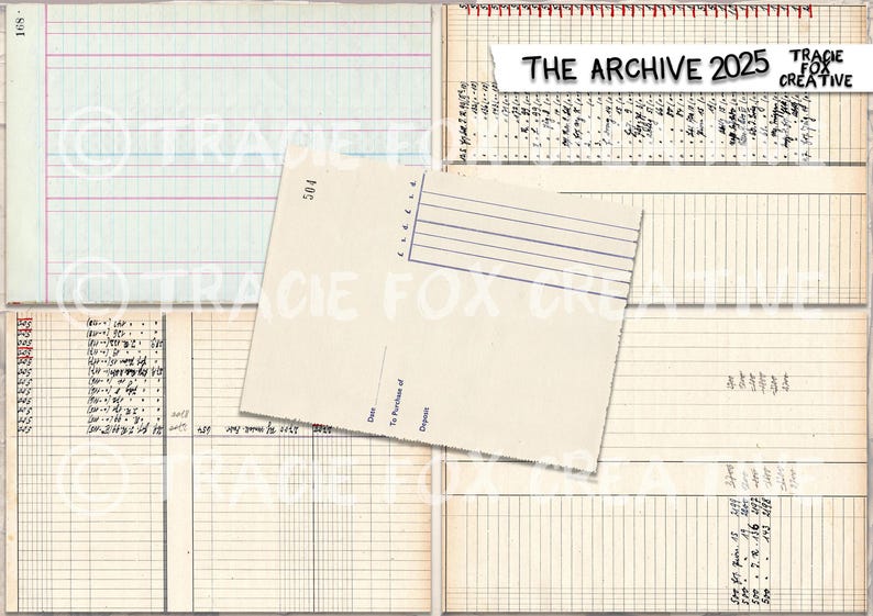 May include: A collage of vintage ledger pages and a cream-colored card. The ledger pages have horizontal and vertical lines, with some containing handwritten entries. The card has blue lines and text. The text "THE ARCHIVE 2025" is visible.