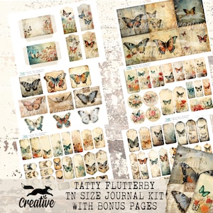 May include: A digital printable journal kit featuring vintage-style illustrations of butterflies, flowers, and floral patterns. The kit includes a variety of sizes and shapes of tags, labels, and decorative elements. The kit is titled "Tatty Flutterby TN Size Journal Kit with Bonus Pages".