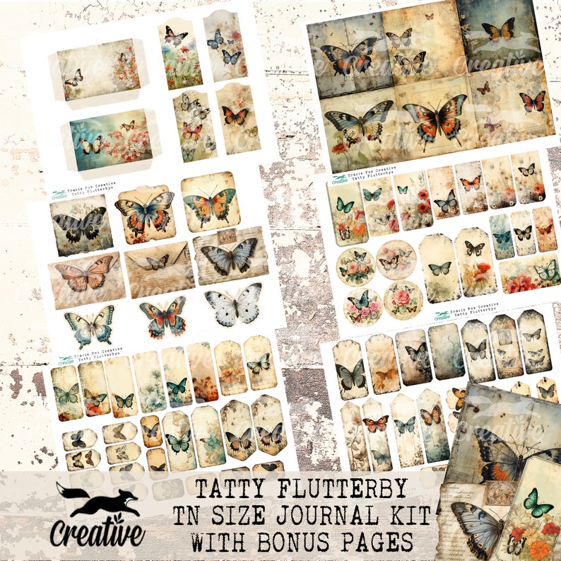 May include: A digital printable journal kit featuring vintage-style illustrations of butterflies, flowers, and floral patterns. The kit includes a variety of sizes and shapes of tags, labels, and decorative elements. The kit is titled "Tatty Flutterby TN Size Journal Kit with Bonus Pages".