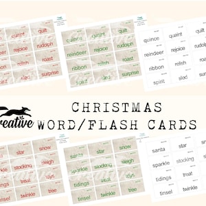 Może przedstawiać: Zestaw 36 kart flash z bożonarodzeniowymi słowami na brązowym tle z białym tekstem. Słowa obejmują "quince", "quaint", "quilt", "reindeer", "rejoice", "rudolph", "ribbon", "relish", "roast", "spirit", "sled", "surprise", "santa", "star", "snow", "sparkle", "stocking", "sleigh", "tidings", "treat", "toys", "tinsel", "twinkle", i "tree".