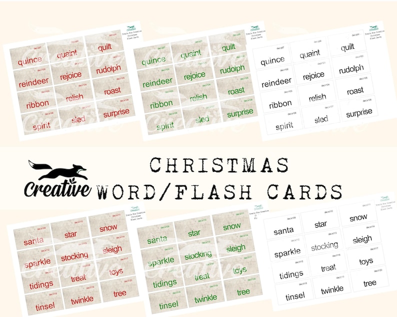 Może przedstawiać: Zestaw 36 kart flash z bożonarodzeniowymi słowami na brązowym tle z białym tekstem. Słowa obejmują "quince", "quaint", "quilt", "reindeer", "rejoice", "rudolph", "ribbon", "relish", "roast", "spirit", "sled", "surprise", "santa", "star", "snow", "sparkle", "stocking", "sleigh", "tidings", "treat", "toys", "tinsel", "twinkle", i "tree".
