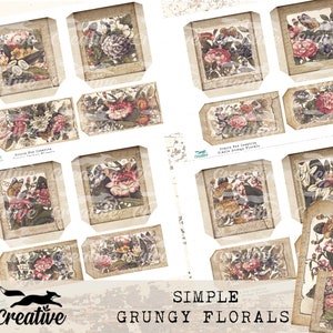 Op de afbeelding: Een set van 12 digitale afdrukbare afbeeldingen met vintage bloemenontwerpen met vlinders. De afbeeldingen zijn in grunge-stijl met een verweerde, verouderde look. De afbeeldingen zijn perfect voor scrapbooking, kaartmaken en andere knutselprojecten.