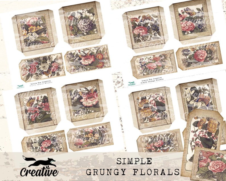 Op de afbeelding: Een set van 12 digitale afdrukbare afbeeldingen met vintage bloemenontwerpen met vlinders. De afbeeldingen zijn in grunge-stijl met een verweerde, verouderde look. De afbeeldingen zijn perfect voor scrapbooking, kaartmaken en andere knutselprojecten.