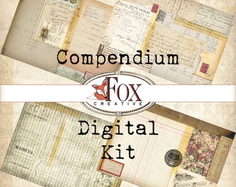 Può includere: Un kit digitale con il testo "Compendium" e "Fox Creative" in stile vintage. Il kit include vari fogli, trame ed elementi con un'estetica vintage.