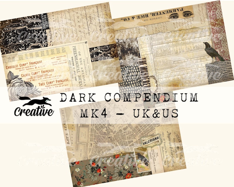 May include: A collage of vintage-style images with a dark, gothic aesthetic. The images include a map, a newspaper clipping, a botanical illustration, and a raven. The text "DARK COMPENDIUM MK4 - UK & US" is printed in black on a white background.