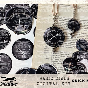 May include: A digital scrapbooking kit featuring a collection of vintage-style airplane dials. The dials are black with white markings and needles. The kit includes a variety of dials, including air speed, altitude, and temperature gauges. The dials are perfect for adding a vintage touch to your scrapbooking projects.