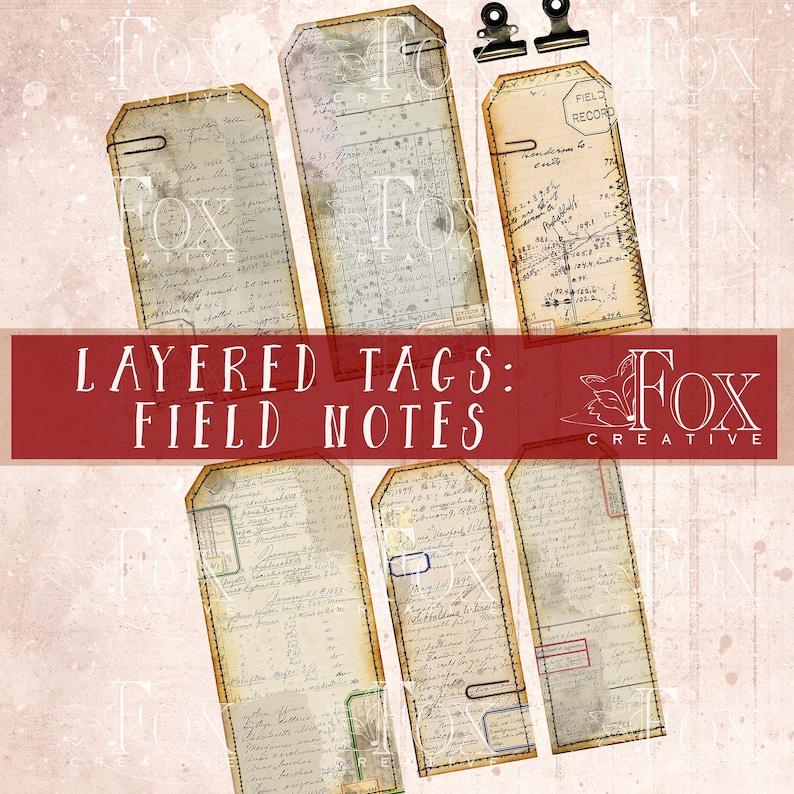 Może przedstawiać: Zestaw sześciu papierowych etykiet w stylu vintage z ręcznie pisanym tekstem i efektem zużycia. Etykiety są oznaczone jako "Layered Tags: Field Notes" i mają brązowo-białą kolorystykę.