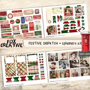 May include: A collection of Christmas-themed ephemera, including postage stamps, labels, and vintage photographs. The designs feature red, green, and white colors with text such as "Merry Christmas" and "Special Delivery". The kit is titled "Festive Dispatch".