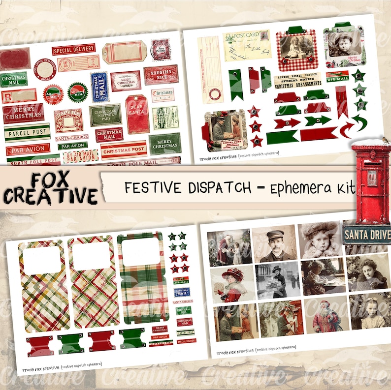 May include: A collection of Christmas-themed ephemera, including postage stamps, labels, and vintage photographs. The designs feature red, green, and white colors with text such as "Merry Christmas" and "Special Delivery". The kit is titled "Festive Dispatch".