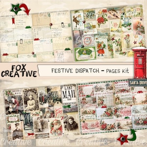 May include: A collage of vintage Christmas-themed ephemera, including postcards, tags, and illustrations. The text "Festive Dispatch - Pages Kit" is displayed. A red mailbox is visible, along with the text "Santa Drive". The overall color scheme is muted with red and green accents.