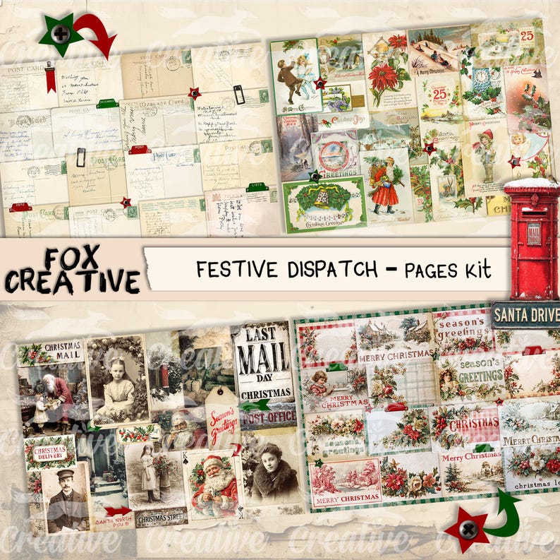 May include: A collage of vintage Christmas-themed ephemera, including postcards, tags, and illustrations. The text "Festive Dispatch - Pages Kit" is displayed. A red mailbox is visible, along with the text "Santa Drive". The overall color scheme is muted with red and green accents.