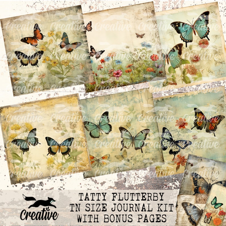 May include: A digital collage sheet with a vintage aesthetic featuring butterflies in various colours and patterns. The sheet includes a title "Tatty Flutterby TN Size Journal Kit with Bonus Pages".