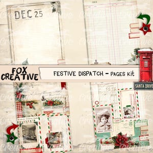May include: A collage of vintage Christmas-themed paper ephemera. The image includes lined paper, ledger sheets, and envelopes with postage stamps. The text "DEC 25" is visible, along with "MERRY CHRISTMAS" and "FESTIVE DISPATCH - PAGES kit". A red mailbox is also present.
