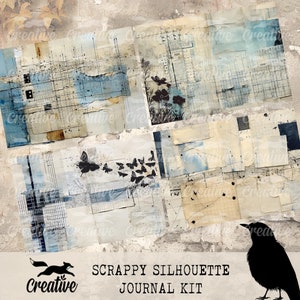 May include: A digital collage kit with a grunge aesthetic featuring a variety of textures, patterns, and silhouettes. The kit includes images of butterflies, flowers, and birds, all in black and white. The text "SCRAPPY SILHOUETTE JOURNAL KIT" is displayed at the bottom of the image.