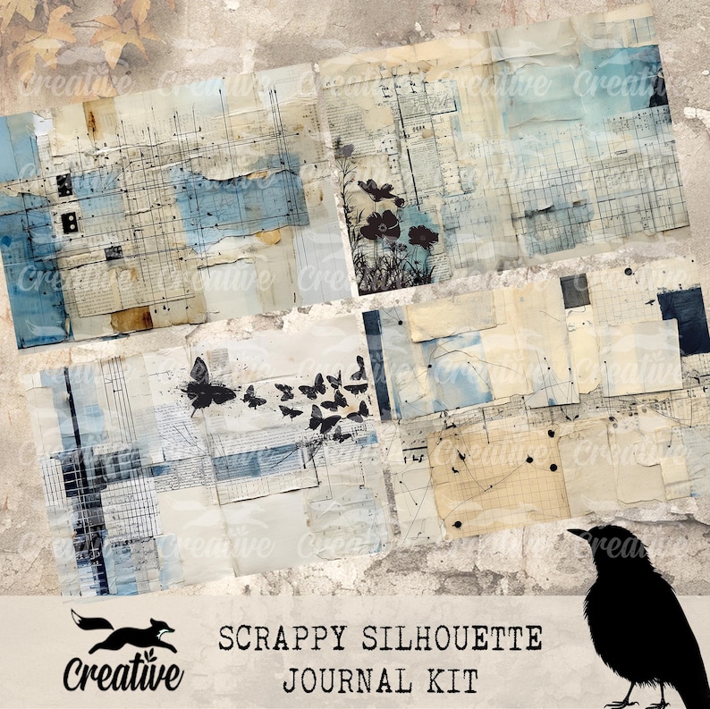 May include: A digital collage kit with a grunge aesthetic featuring a variety of textures, patterns, and silhouettes. The kit includes images of butterflies, flowers, and birds, all in black and white. The text "SCRAPPY SILHOUETTE JOURNAL KIT" is displayed at the bottom of the image.