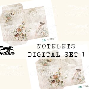 May include: Two printable notelet templates with a vintage floral design featuring butterflies and a distressed background. The text "Notelets Digital Set 1" is printed on the image.