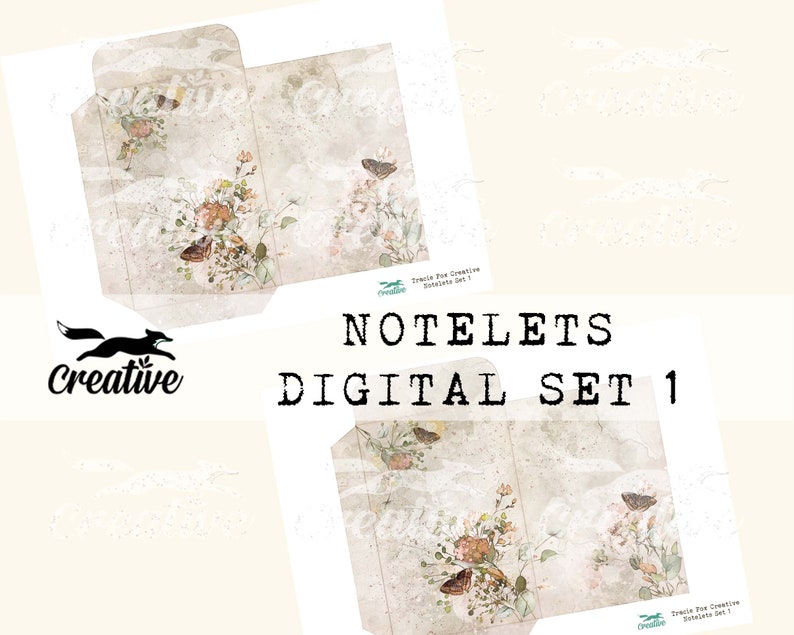 May include: Two printable notelet templates with a vintage floral design featuring butterflies and a distressed background. The text "Notelets Digital Set 1" is printed on the image.