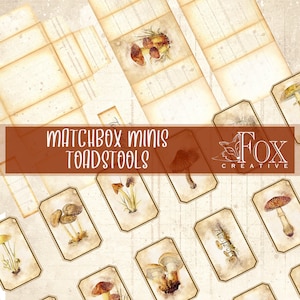 May include: A set of printable matchbox mini toadstool illustrations. The illustrations feature various types of mushrooms in a vintage style with brown, white, and yellow tones.