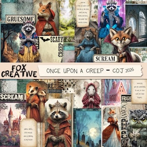 Könnte beinhalten: Eine Collage mit Illustrationen von anthropomorphen Tieren in Märchenumgebungen. Die Kunstwerke zeigen einen Waschbären in königlicher Kleidung, einen Fuchs mit Umhang und ein Eichhörnchen mit roter Kapuze. Textelemente sind "GRUESOME" und "SCREAM".