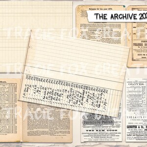 May include: A collection of aged paper ephemera, including ledger sheets, calendars, and advertisements. The text "THE ARCHIVE 2025" is visible, along with various printed documents in black ink on aged paper. The items are arranged on a neutral background.