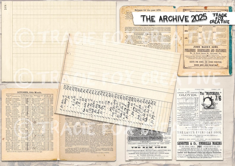 May include: A collection of aged paper ephemera, including ledger sheets, calendars, and advertisements. The text "THE ARCHIVE 2025" is visible, along with various printed documents in black ink on aged paper. The items are arranged on a neutral background.