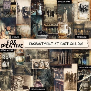 May include: A collection of vintage-style images with a gothic theme. The images include old buildings, people in period clothing, a black cat, and text that reads "Fox Creative" and "Enchantment at Easthollow". The color palette is muted with sepia tones.