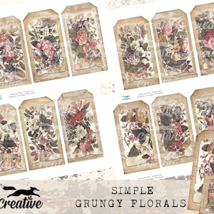 Może przedstawiać: Zestaw 10 cyfrowych, drukowalnych etykiet z vintage'owymi ilustracjami kwiatowymi w stonowanych kolorach. Etykiety mają postarzony, grunge'owy wygląd i idealnie nadają się do dodania odrobiny vintage'owego uroku do twoich projektów.