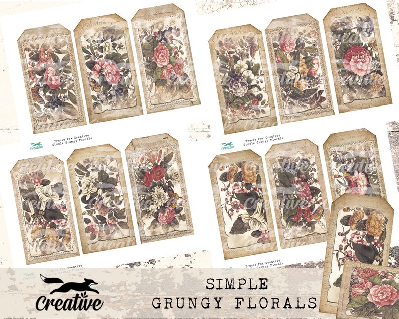 Op de afbeelding: Set van 10 digitale printbare labels met vintage bloemenillustraties in gedempte kleuren. De labels hebben een verweerde, grunge-esthetiek en zijn perfect om een vleugje vintage charme aan je projecten toe te voegen.