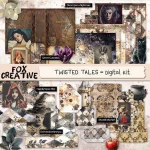 May include: A digital kit titled "Twisted Tales" featuring various vintage-style illustrations and backgrounds. The kit includes images of a black cat, a squirrel, a woman, and a red apple. The color palette is primarily brown, beige, and sepia tones.