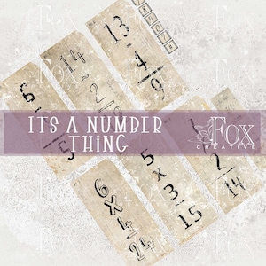 May include: A set of vintage-style cards with handwritten math problems. The cards are beige with black ink and have a distressed look. The text on the cards reads "ITS A NUMBER THING".