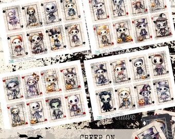 May include: A set of 36 printable Halloween playing cards featuring spooky characters with a creepy, whimsical style. The cards are designed with a vintage look and feature a spiderweb pattern.