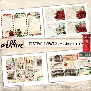 May include: A collection of festive ephemera, including tags, postcards, and vintage-style papers. The tags feature red and green borders with holly and poinsettia accents. The postcards display poinsettias and handwritten script. The text "Festive Dispatch" is visible.