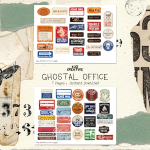 May include: A digital collection of printable stickers and labels featuring a Halloween theme with vintage-style typography and graphics. The set includes various rectangular, circular, and oval designs with text such as Scare Mail, Ghostal Office, and Fragile.