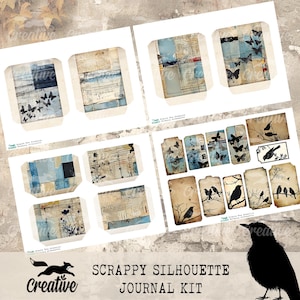 May include: A digital scrapbooking kit with a vintage aesthetic featuring a variety of paper textures, silhouettes of birds and butterflies, and the text "Scrappy Silhouette Journal Kit".