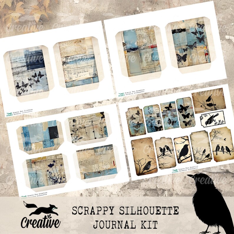 May include: A digital scrapbooking kit with a vintage aesthetic featuring a variety of paper textures, silhouettes of birds and butterflies, and the text "Scrappy Silhouette Journal Kit".