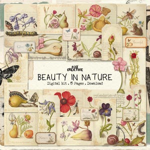 以下が含まれることがあります： Fox Creativeによる「Beauty in Nature」と題されたデジタルキット。ヴィンテージスタイルのイラストが15ページ分含まれています。花、果物、昆虫、カタツムリの植物画が、古紙風の背景や装飾的なタグと共にデザインされています。